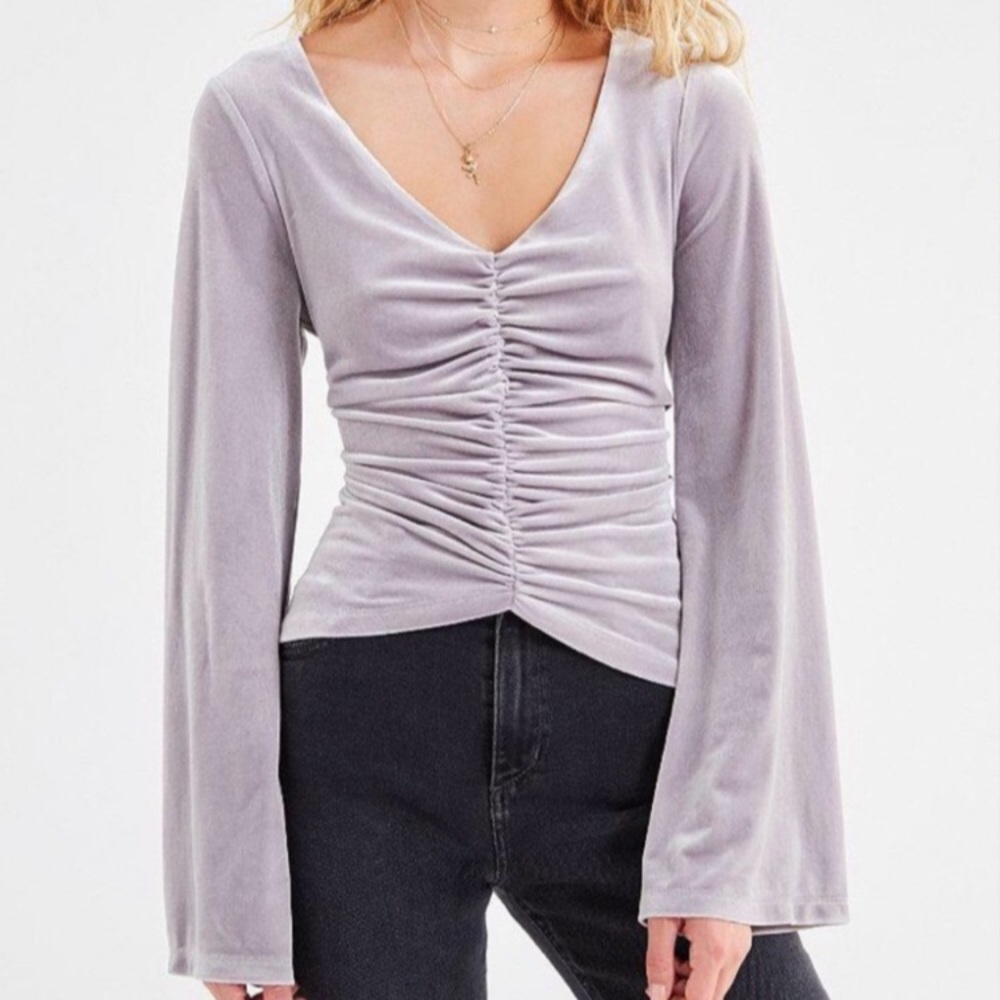 UO Marie Cinched V-Neck Velvet Top (gray)